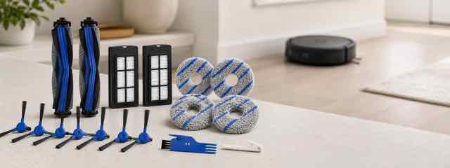 Complete ECOVACS DEEBOT X11 maintenance kit laid out on a light kitchen worktop, including two roller brushes, two replacement filters, four mop pads, multiple side brushes and cleaning tools, with a robot vacuum blurred in the background.